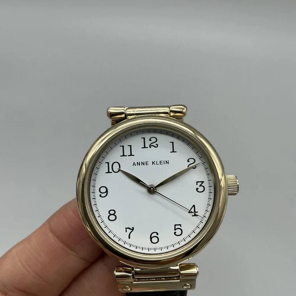 Anne Klein AK/2508 Womens Watch 36mm Gold Tone Black Leather Strap New Battery